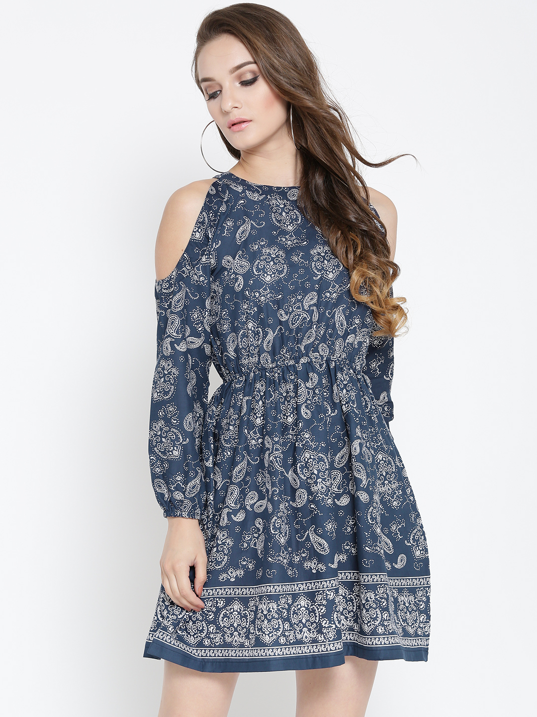 Sera Women Navy Printed Fit and Flare Dress Price in India