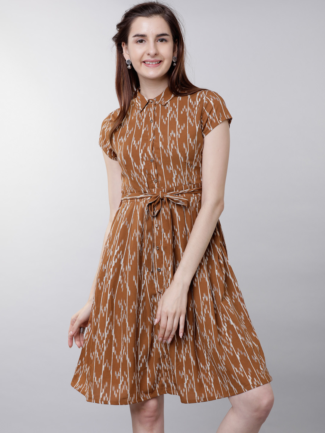 Tokyo Talkies Women Brown Printed Fit and Flare Dress Price in India