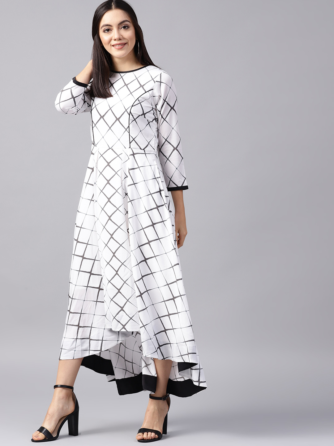 Athena Women White & Charcoal Grey Checked Maxi Dress Price in India