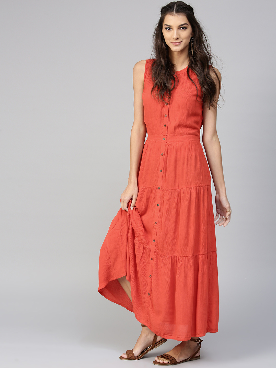 SASSAFRAS Women Red Solid Tiered Maxi Dress Price in India