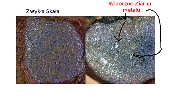 Jak rozpoznać meteoryt - Przekrój skały oraz meteorytu, czyli jak odróżnić meteoryt od skały. Rozpoznanie meteorytu - metalowe ziarna