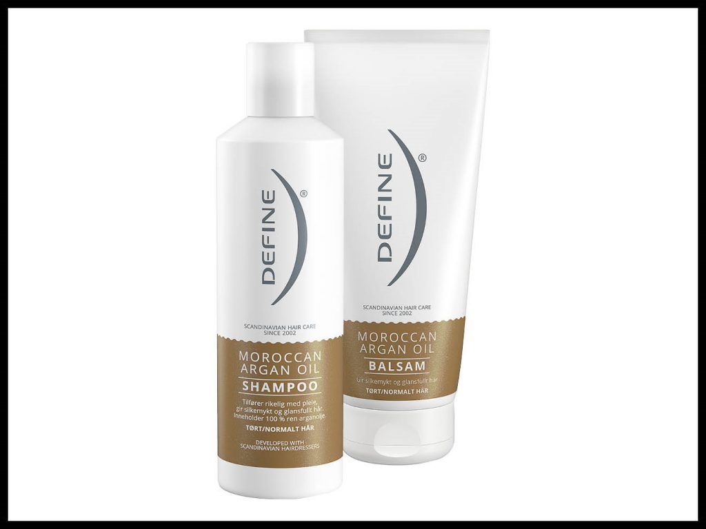 DEFINE SHAMPOO MOROCCAN ARGAN OIL 250ML: Inneholder ren arganolje som tilfører håret rikelig med fuktighet og pleie slik at fuktighetsbalansen gjenopprettes. Til tørt og normalt hår. DEFINE MOROCCAN ARGAN OIL BALSAM 200ML: Balsamen inneholder leave-on UV-filter som beskytter mot skadelige UV-stråler. Til tørt og normalt hår.