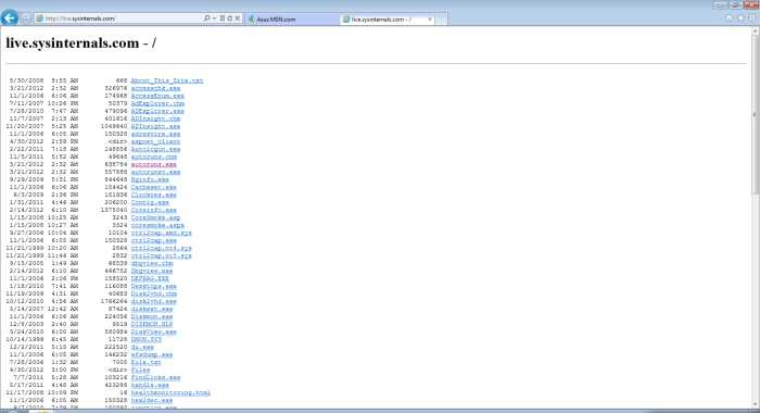 Screenshot of the listing of Sysinternals tools available from the live.sysinternals.tools website