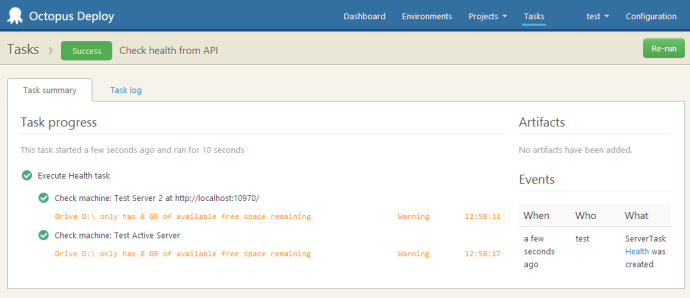 Health check summary showing a warning if disk space is low