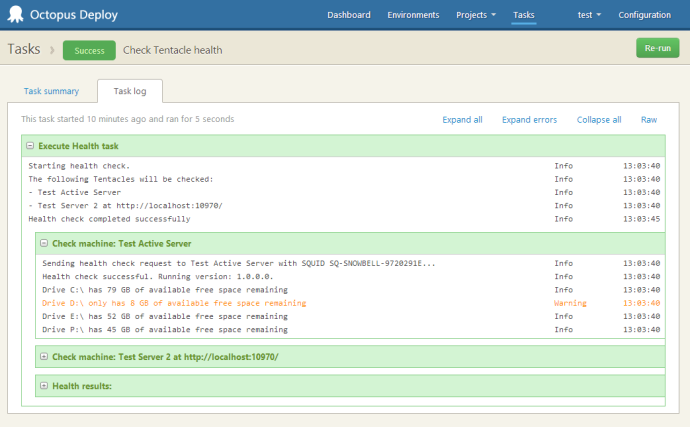 Health check summary showing a warning if disk space is low