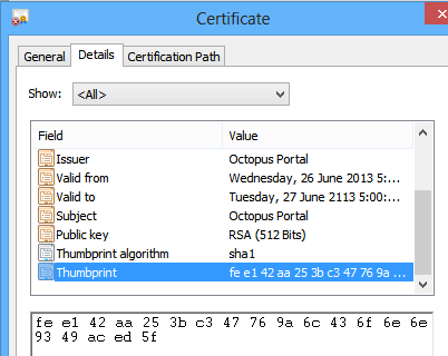 The only value stored against this key is a blob containing the public portion of the X509 certificate: