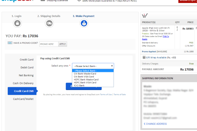 Bank select EMI options on Snapdeal