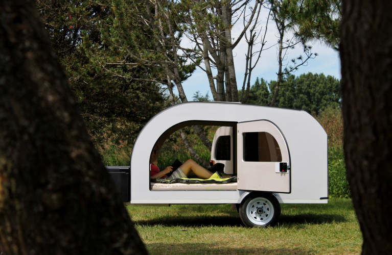 romantic teardrop trailer with portable cooler