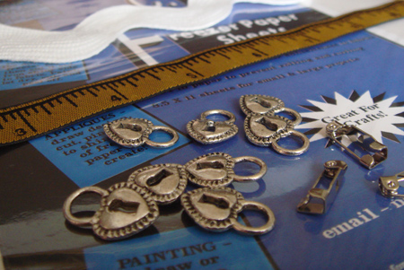 craftexpo Freezer paper, lock charms, brooch findings and some awesome trim (check out the giant rick rack!)