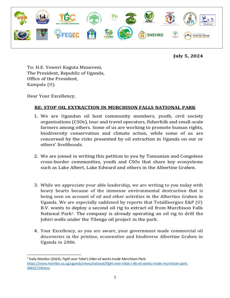 SGI calls joins petition to the President of Uganda to stop oil extraction in Murchison Falls National Park
