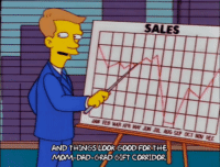 Salesman pointing to a sales prediction chart
