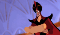 Jafar from the movie Aladdin unraveling a long scroll