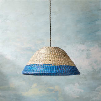 Pulpo pendant shade in natural seagrass with turquoise stripe