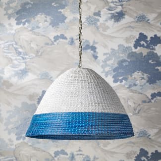 Barolo pendant shade in whitewashed seagrass with turquoise stripe