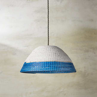 Pulpo pendant shade in whitewashed seagrass with turquoise stripe