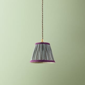 18cm Straight Empire Pendant shade in Balinese Ferns Block Printed Cotton with pinky purple tape