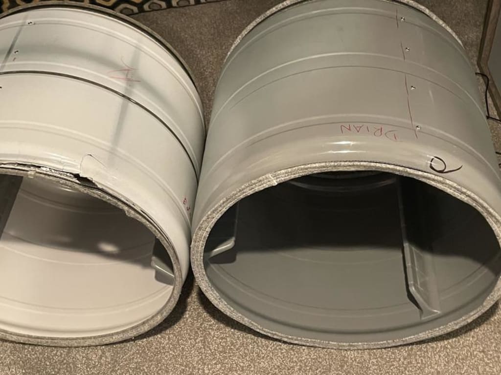 Cracked left drum from outside, new one on right.