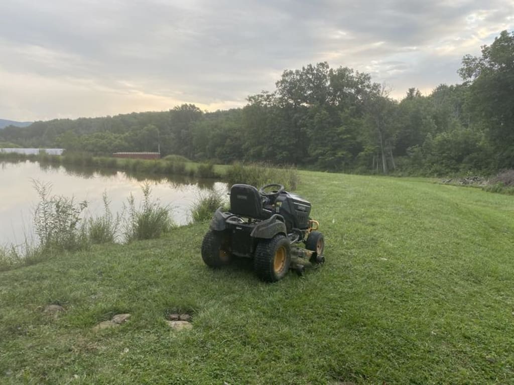 Grass cutting around the pond.