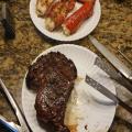 Reverse seared Ribeye, Lobster tails