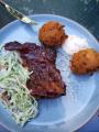 ribs, coleslaw and corn fritters