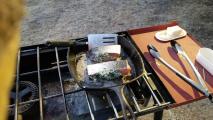 Nothing like fresh caught fish... Stuffed w/ Spinach and cheese - Fried in butter on the Big Gas Grill. Yes it is well used, and still cooking dinner.