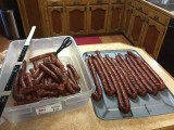 Cajun sausage, 30 inches long, hanging fro the 3 rebars