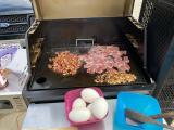 Goose eggs, jowl bacon, and venison tenderloin on the griddle!