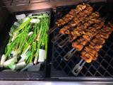 Bok choy & asparagus w/curry chicken skewers