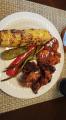 Corn, veggies, sweet potato medallions , Wings