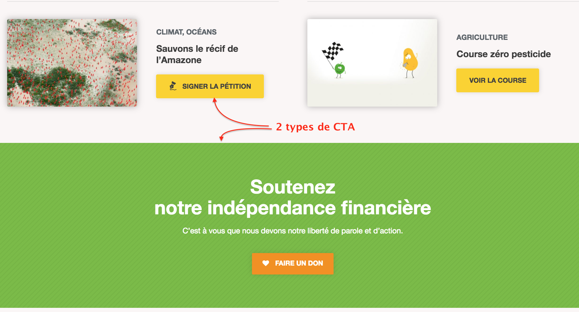 2 types de CTA sur la home de greenpeace.fr