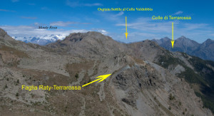 8.Dalla cima del Bec Barmasse appare il tracciato della faglia e il punto ideale di riferimento, l’Ospizio Sottile al Colle Valdobbia (Gressoney). 8.Dalla cima del Bec Barmasse appare il tracciato della faglia e il punto ideale di riferimento, l’Ospizio Sottile al Colle Valdobbia (Gressoney).