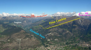 La larga dorsale a gradoni fra Valtournenche (sinistra) e Val d’Ayas (destra) vista dal Mont Barbeston di fronte allo sbocco nella Dora. La larga dorsale a gradoni fra Valtournenche (sinistra) e Val d’Ayas (destra) vista dal Mont Barbeston di fronte allo sbocco nella Dora.