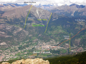 5-1. Panorama del versante sinistro a Saint-Vincent. In giallo e arancio le grandi faglie in intersezione.