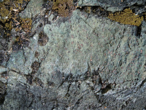 02 - La roche éclogitique de la nappe océanique profonde Zermatt-Saas : metabasite (ancienne roche basaltique) à grenat (rouge) et pyroxène jadéitique (vert).