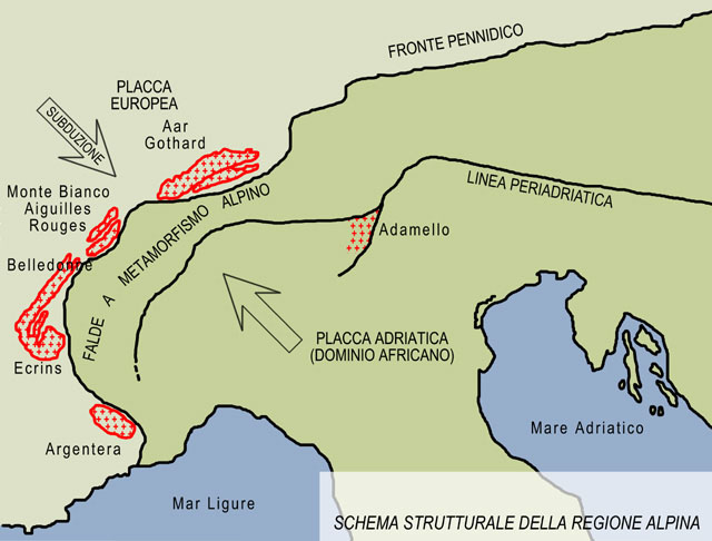 Schema tettonico dell’arco alpino occidentale, che evidenzia i rapporti