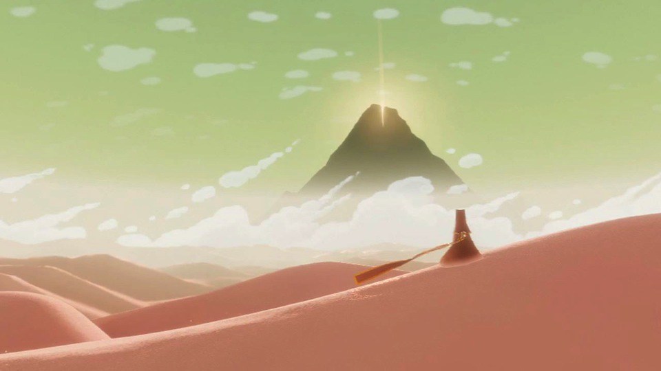 Player character in the game Journey gazing at the massive mountain goal