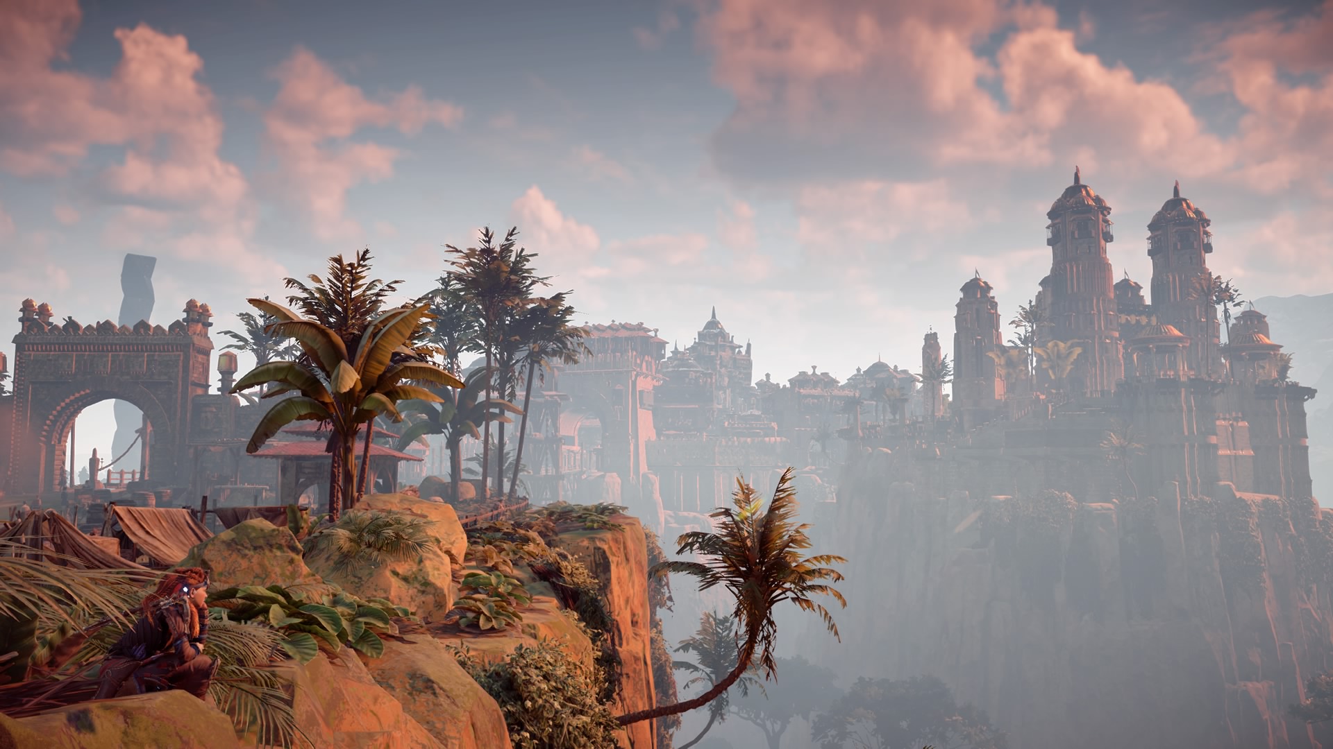 Aloy near the entrance to the city of Meridian in Horizon Zero Dawn