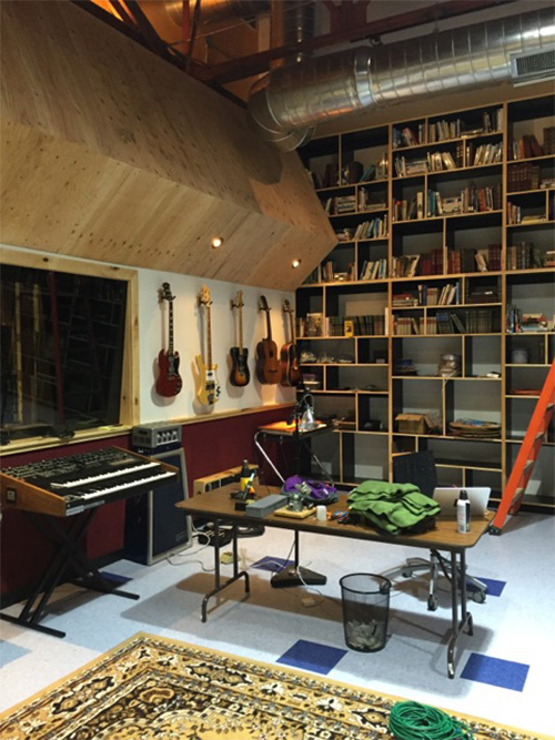 Another shot of the live room -- note the unassuming Sequential Circuits Prophet 10 synth