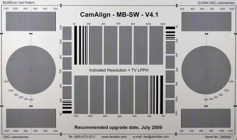 For testing video resolution we use the CamAlign MultiBurst chart provided by DSC Labs.