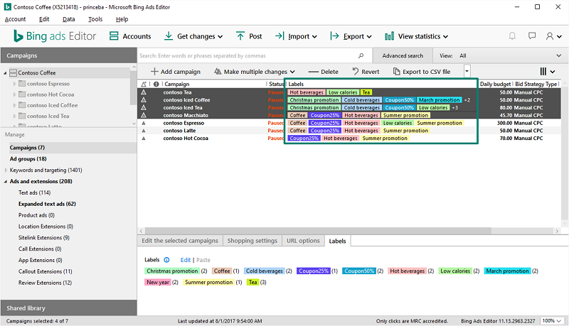 Bing Ads Editor sorting by labels