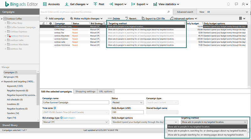 Bing Ads Editor Campaign and ad group level targeting options