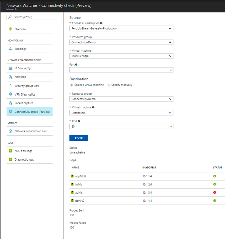 Azure Network Watcher Connectivity Check access from Azure portal