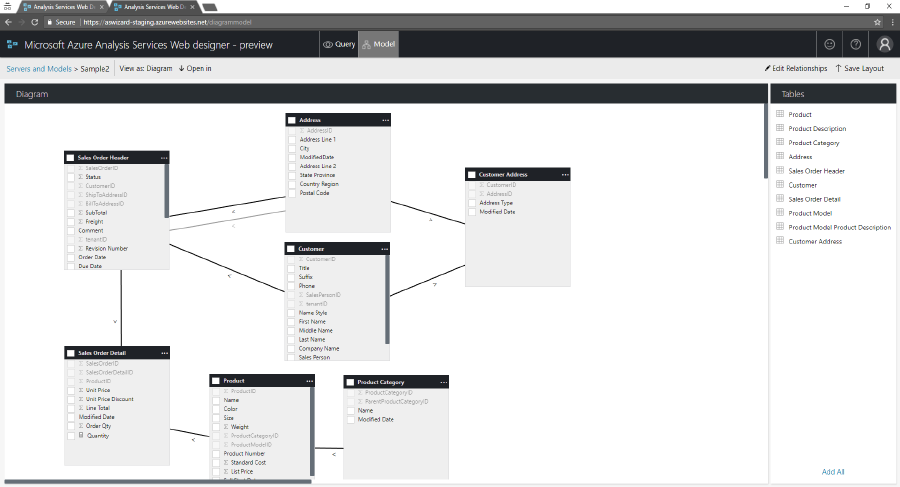Azure Analysis Services web designer adds visual model editing