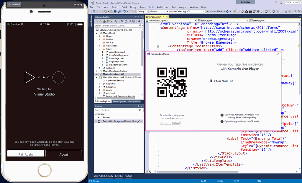 GIF showing Xamarin Live Player in Visual Studio 2017 version 15.4 Preview