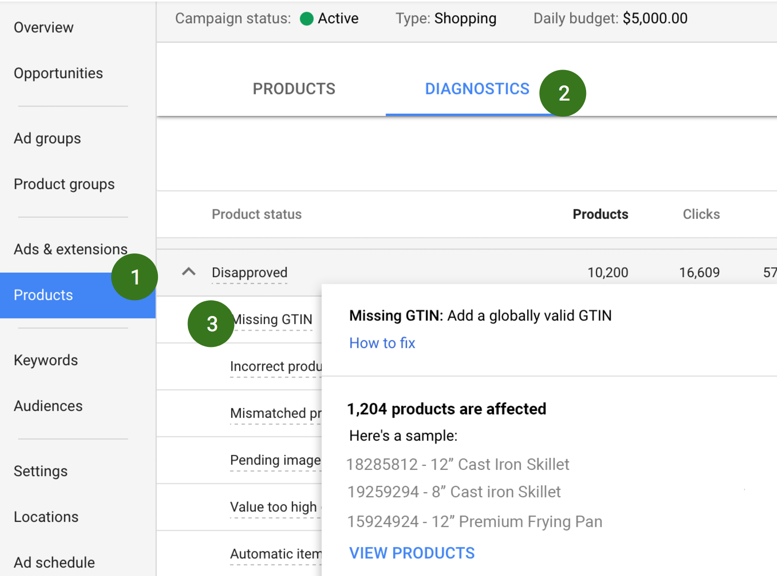 New diagnostics report in AdWords Products page