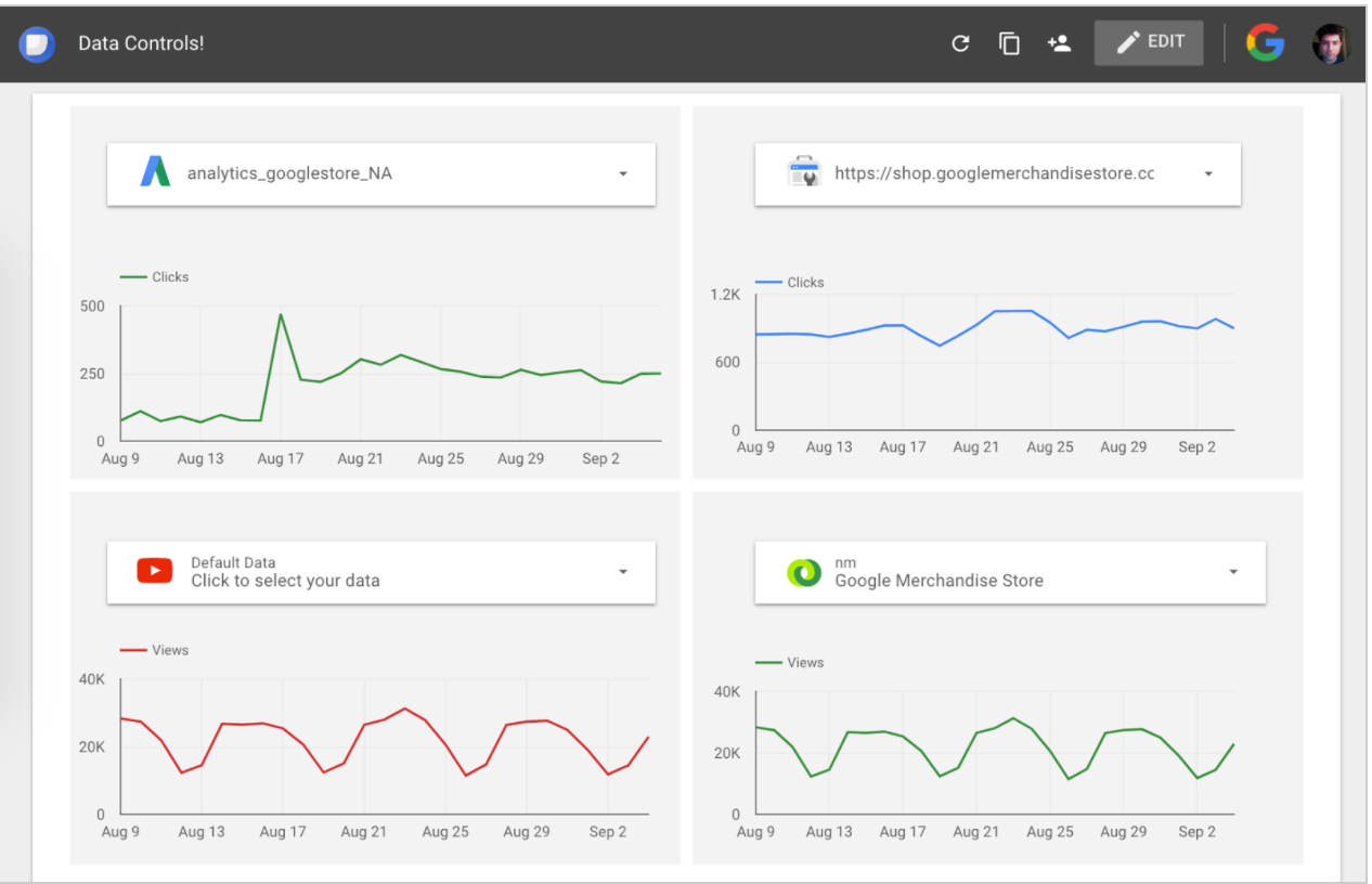 Data Studio report with AdWords, Search Console, YouTube, and DoubleClick Data Controls