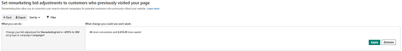 Remarketing bid adjustment suggestionbs in Bing Ads Opportunity tab