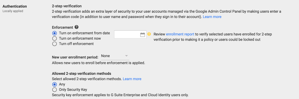 enforce 2-step verification in g suite