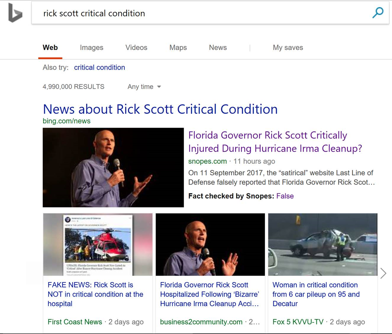 Bing SERP: Fact Check label for a news article