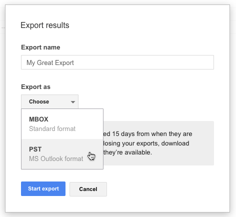 Export data from Google Vault in PST format